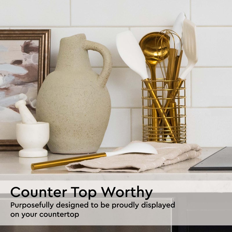 styled settings Gold Kitchen Utensils Set – 7-Piece White Silicone Cooking Tools with Gold Utensil Holder – Luxury Kitchen Accessories for Stylish Cooking and Serving, Ideal for Gifting - Image 2