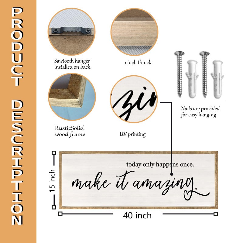 RLWangChao Today Only Happens Once Make It Amazing Wall Art Decor 40x15 Inch Large Inspirational Quote Sign Rustic Living Room Vintage Wood Frame Office Motivational Home Wall Hanging (Wood) - Image 2