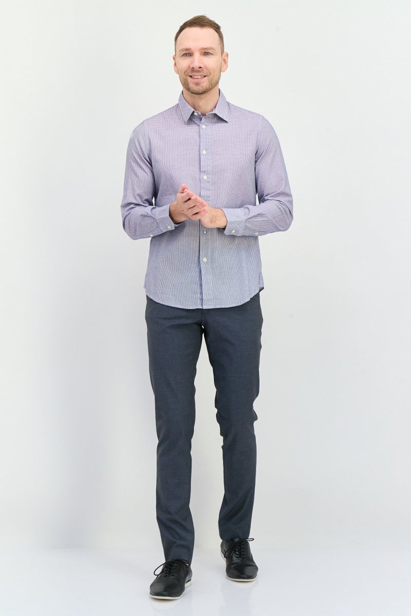 GAS قميص رجالي عادي بقصة مريحة بطبعة ميكرو شيك بأكمام طويلة، أبيض - Image 4