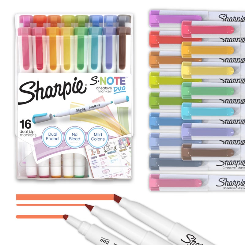 Sharpie SNote Duo DualTip Creative Highlighters Assorted Mild Colors No Bleed Fine and Chisel Tips Includes StandUp Easel 16 Count - Image 2