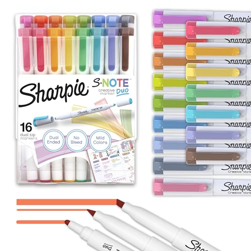 Sharpie SNote Duo DualTip Creative Highlighters Assorted Mild Colors No Bleed Fine and Chisel Tips Includes StandUp Easel 16 Count - Image 1
