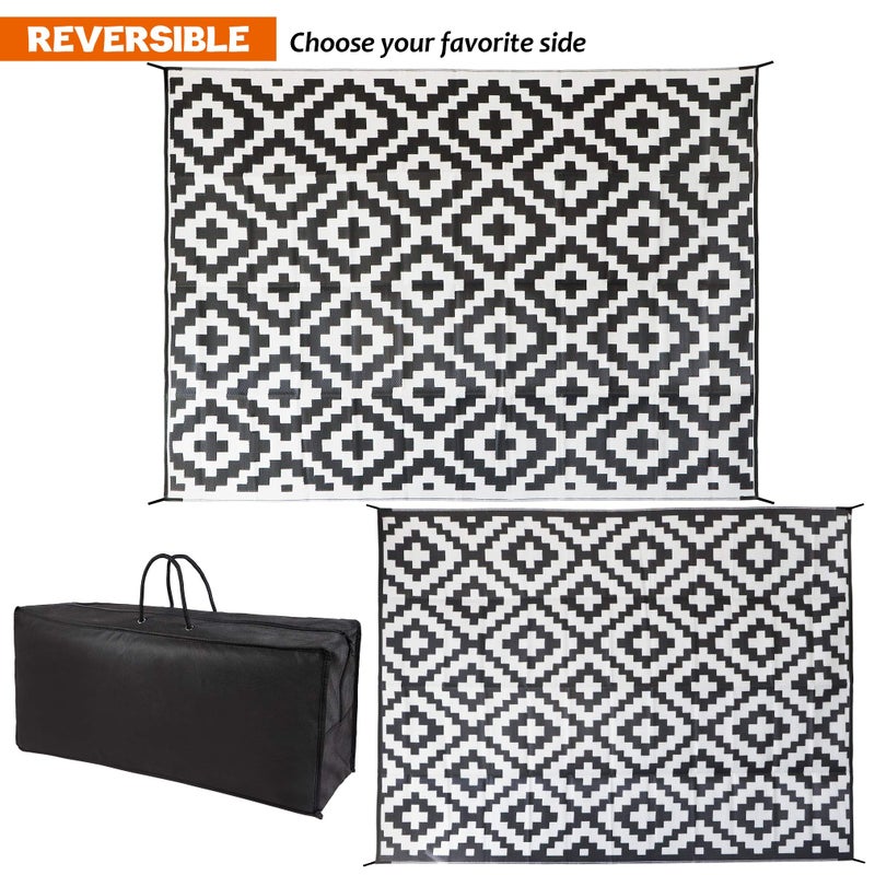 SAND MINE Waterproof Outdoor Rug 9x12 ft, Plastic Reversible Rug, Modern Area Rug, Large Floor Mat for Outdoors, RV, Patio, Backyard, Deck, Picnic, Beach, Camping (9' x 12', Black & White Lattice) - Image 2