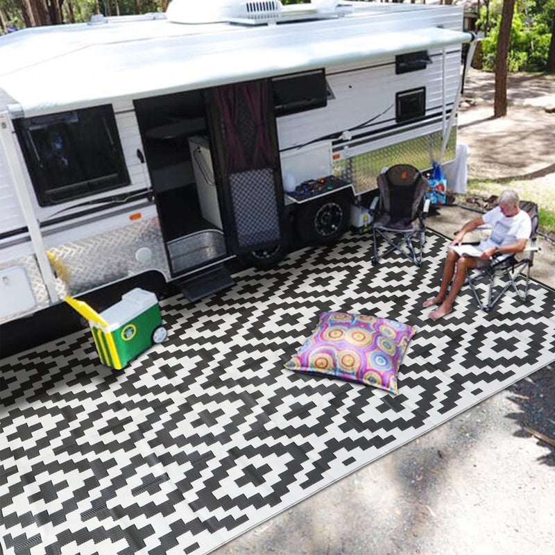 SAND MINE Waterproof Outdoor Rug 9x12 ft, Plastic Reversible Rug, Modern Area Rug, Large Floor Mat for Outdoors, RV, Patio, Backyard, Deck, Picnic, Beach, Camping (9' x 12', Black & White Lattice) - Image 1