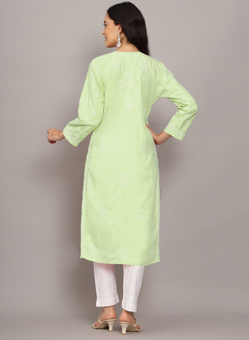 Alaya Women Hand Embroidered Chikankari Cotton Kurta-AL4043 - Image 2