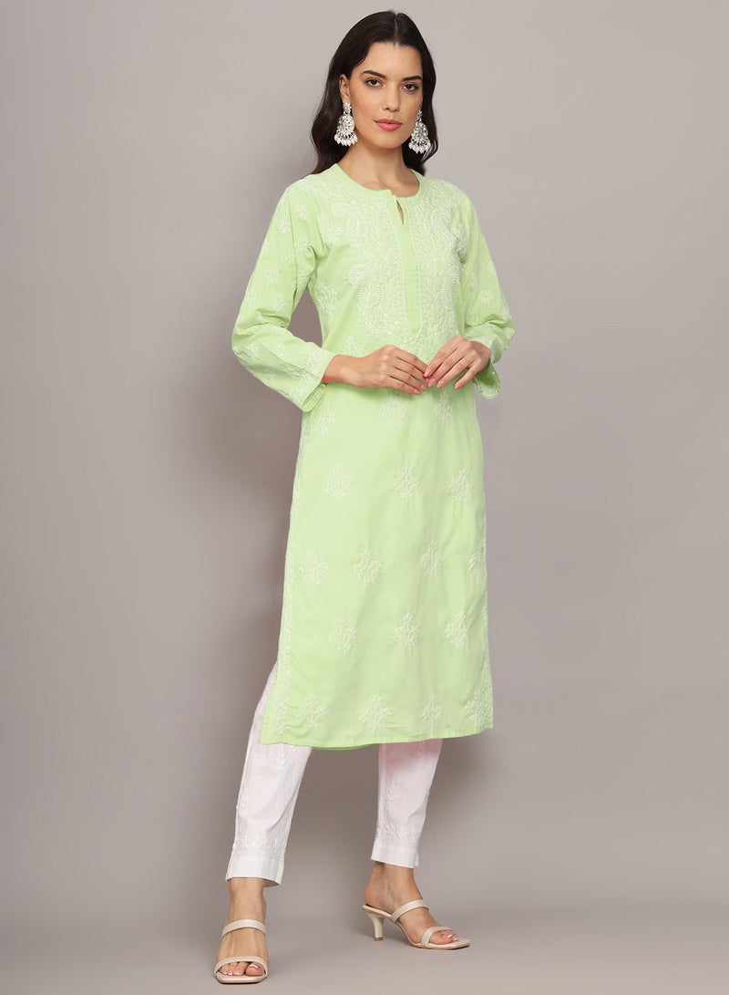 Alaya Women Hand Embroidered Chikankari Cotton Kurta-AL4043 - Image 3