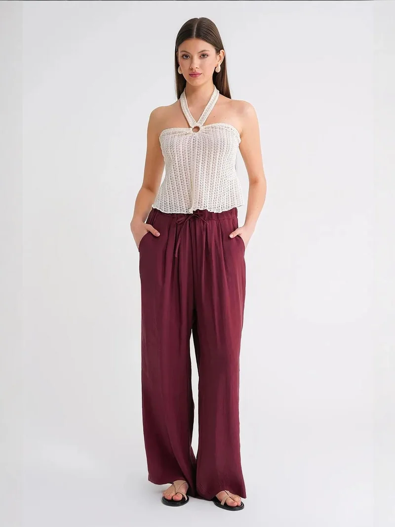MixRay Mixray High Waist Modal Pleated Palazzo Pants with Drawstring