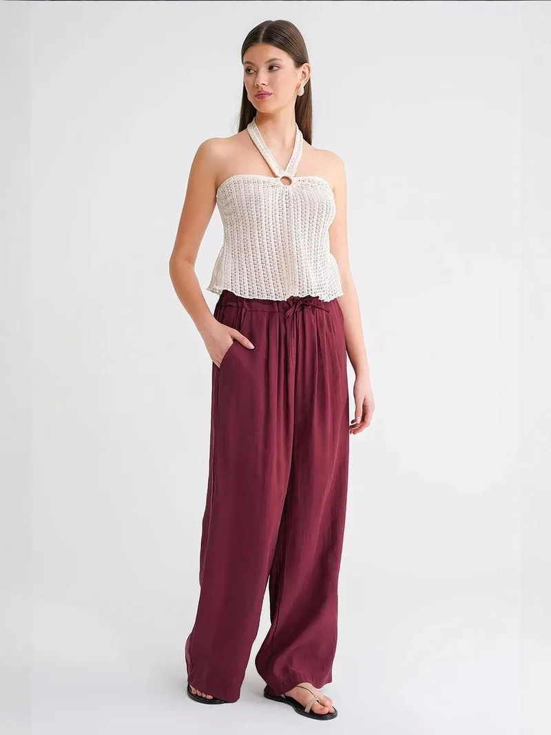 MixRay Mixray High Waist Modal Pleated Palazzo Pants with Drawstring