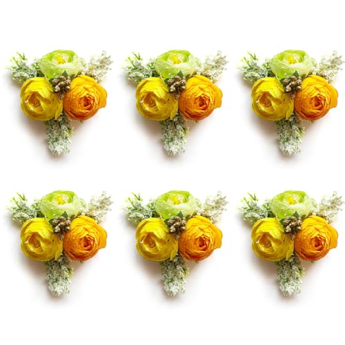 ADIKALA Set of 6 Handmade Artificial Peonies Flower Bunch for Hamper, Flower Brooch Hamper for Decoration, Gifting, Trousseau Packing | Flower Bunch (Yellow) - Image 2