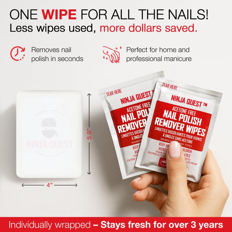 NINJA QUEST Nail Polish Remover Pads - 100% Non-Acetone - 50 Pack Bulk Set - Individually Wrapped - Quick Nail Polish Remover Wipes - Fingernail Travel Kit to Clear Nail Polish for Home & Professional Removal - Image 4