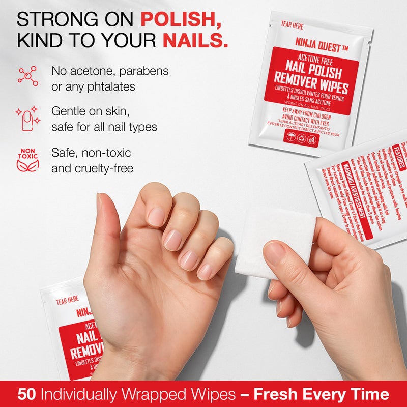 NINJA QUEST Nail Polish Remover Pads - 100% Non-Acetone - 50 Pack Bulk Set - Individually Wrapped - Quick Nail Polish Remover Wipes - Fingernail Travel Kit to Clear Nail Polish for Home & Professional Removal - Image 2