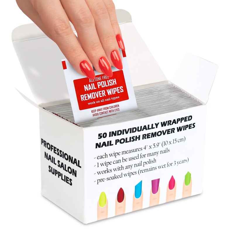 NINJA QUEST Nail Polish Remover Pads - 100% Non-Acetone - 50 Pack Bulk Set - Individually Wrapped - Quick Nail Polish Remover Wipes - Fingernail Travel Kit to Clear Nail Polish for Home & Professional Removal - Image 1