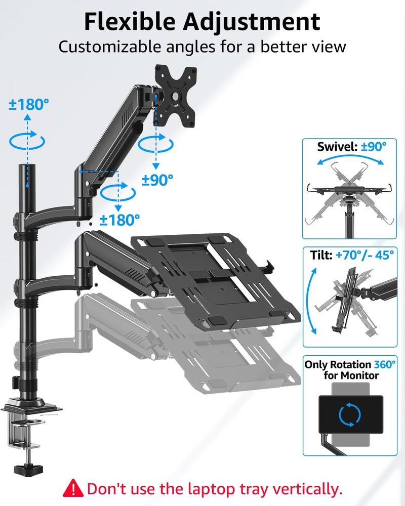 MOUNTUP Laptop and Monitor Desk Mount, Laptop Tray for Max 17" Notebook, Monitors Arm Fits up to 32" Monitor, Laptops Arm Holds 4.4-22lbs, 2-in-1 Tall Laptops Mount with Clamp/Grommet - Image 4