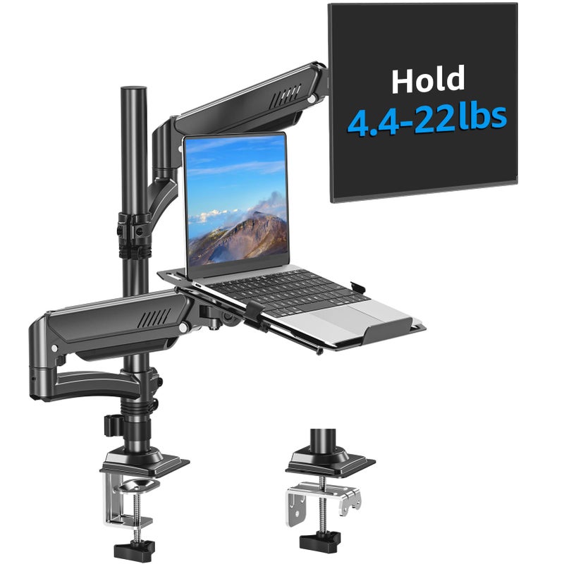 MOUNTUP Laptop and Monitor Desk Mount, Laptop Tray for Max 17" Notebook, Monitors Arm Fits up to 32" Monitor, Laptops Arm Holds 4.4-22lbs, 2-in-1 Tall Laptops Mount with Clamp/Grommet - Image 1