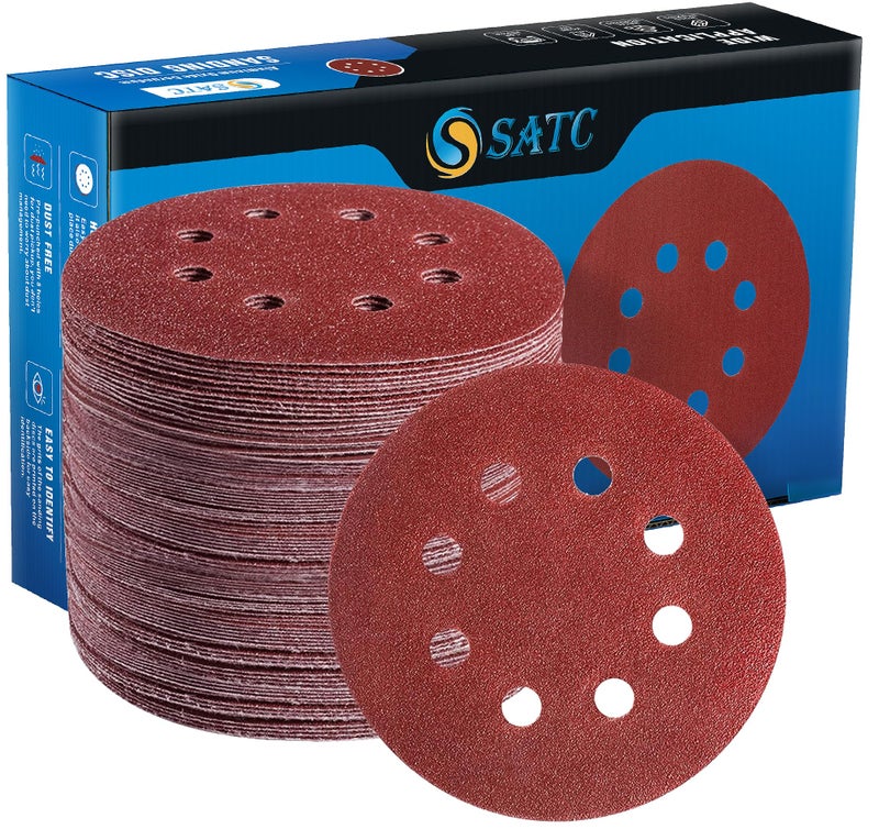 S SATC 72 PCS 5 Inch 8 Hole Hook and Loop Adhesive Sanding Discs Sandpaper for Random Orbital Sander 40 60 80 120 180 240 320 Grits - Image 1