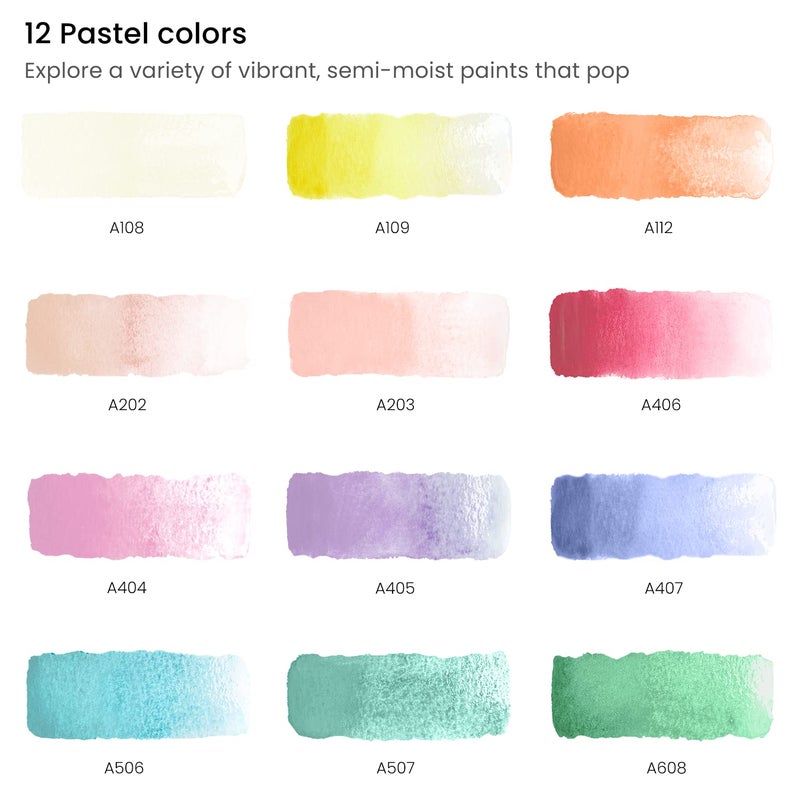 ARTEZA Watercolor Paint Set, 12 Pastel Tones Half Pans, Watercolor Set with Brush, Semi Moist Pastel Paint - Image 2