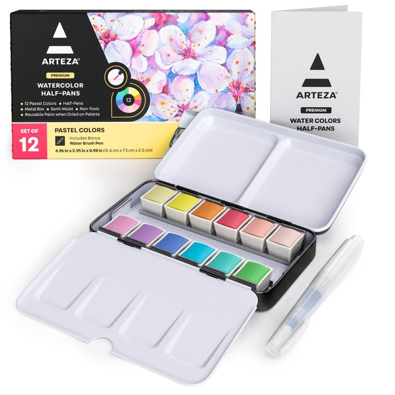 ARTEZA Watercolor Paint Set, 12 Pastel Tones Half Pans, Watercolor Set with Brush, Semi Moist Pastel Paint - Image 1