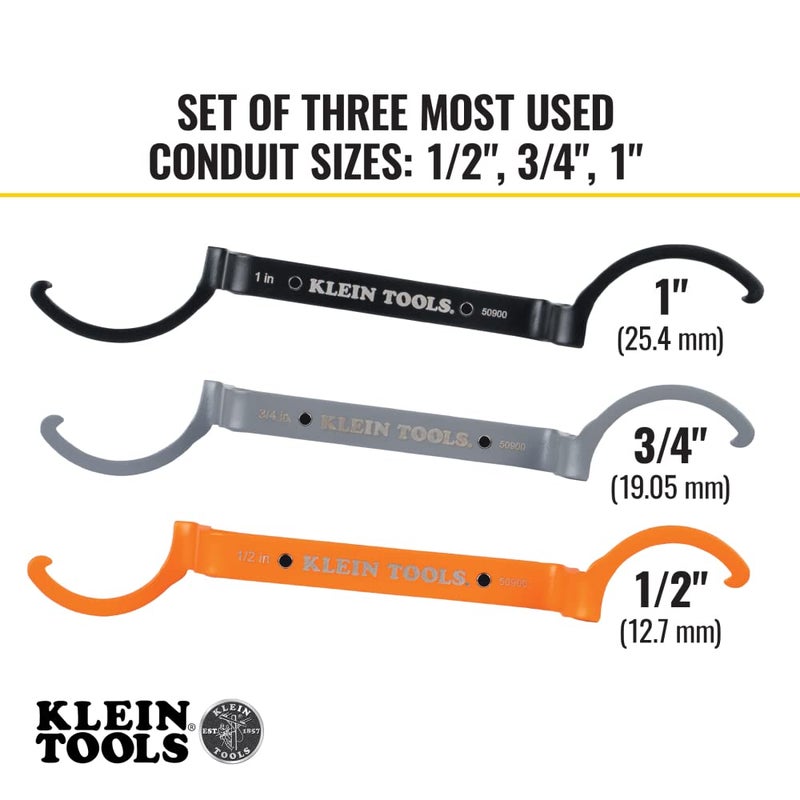 Klein Tools 50900R Conduit Lockout Wrench Set, Tighten and Loosen Locknuts in Tight Spaces, 1/2, 3/4 and 1-Inch, Offset Bends, 3-Piece - Image 4