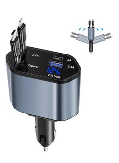 Car Charger - Fast Charging 4-in-1 Adapter with Collapsible Lightning & Type C Cables, Dual USB Ports & Voltage Display - Compatible with iPhone, iPad, Galaxy -Powerfull Output