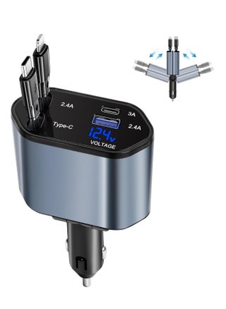 Car Charger - Fast Charging 4-in-1 Adapter with Collapsible Lightning & Type C Cables, Dual USB Ports & Voltage Display - Compatible with iPhone, iPad, Galaxy -Powerfull Output - pzsku/ZF20723C0C5F92E1599BFZ/45/1746346441/0a278da6-5cf6-44c1-ab7b-c56dfb3a08b4