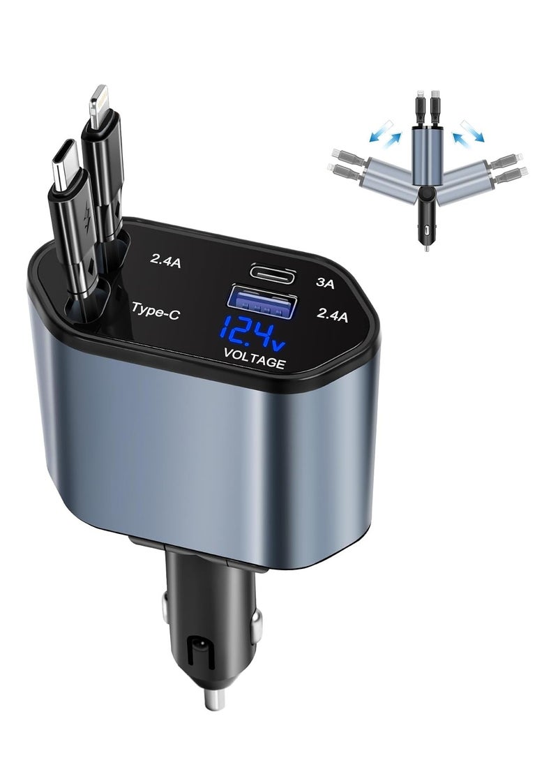 Generic - Car Charger - Fast Charging 4-in-1 Adapter with Collapsible Lightning & Type C Cables, Dual USB Ports & Voltage Display - Compatible with iPhone, iPad, Galaxy -Powerfull Output - Image 1
