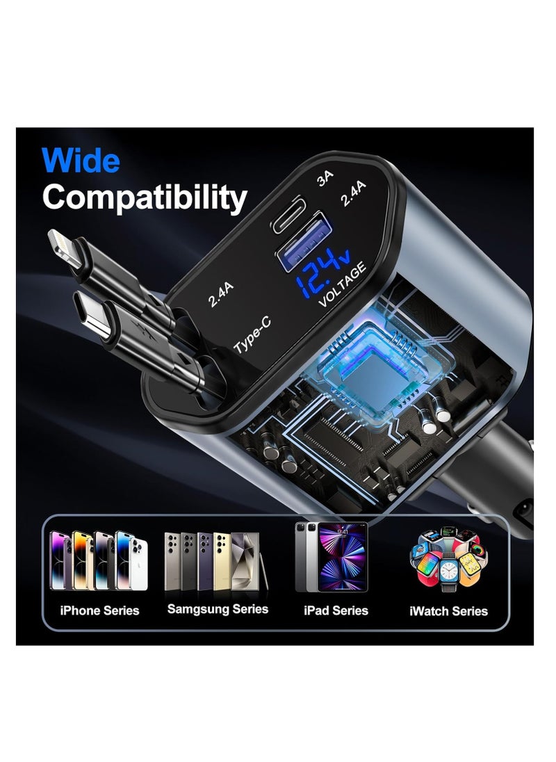 Generic - Car Charger - Fast Charging 4-in-1 Adapter with Collapsible Lightning & Type C Cables, Dual USB Ports & Voltage Display - Compatible with iPhone, iPad, Galaxy -Powerfull Output - Image 1