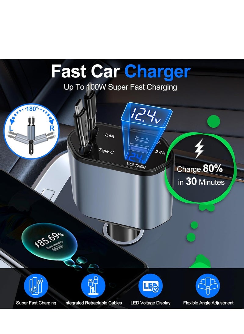 Generic - Car Charger - Fast Charging 4-in-1 Adapter with Collapsible Lightning & Type C Cables, Dual USB Ports & Voltage Display - Compatible with iPhone, iPad, Galaxy -Powerfull Output - Image 1