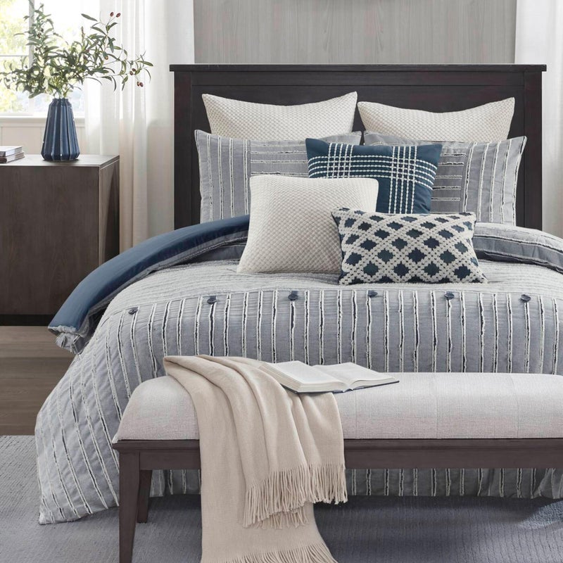 مخدة مديسون بارك كوين قطن جاكار مقصوصة مخدات كبيرة الحجم للسرير كوين لجميع المواسم بديل للداون مخدة كوين بحجم كبير 8 قطع باللون الأزرق