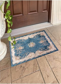In-House Soft Velvet Turkish Rectangular Door & Bath Mat - Blue & Beige - 60x40 cm  - Image 1