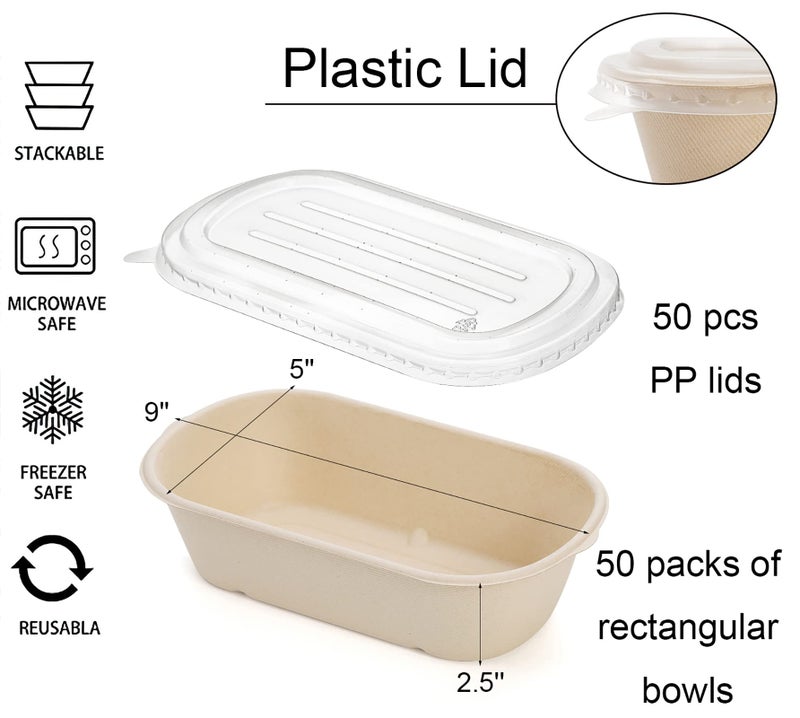 Yesland 50 Pack Take Out Food Containers with PP Lid, 33 Oz Rectangular Disposable Paper Bowls Soup Serving Bowls, Meal Prep Food Containers for Salad, Leftovers - Image 2