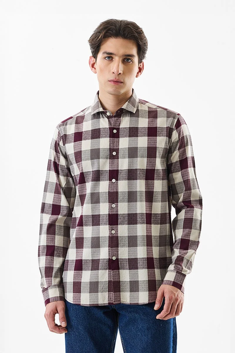 SNITCH Burgundy Checkered Long Sleeve Regular Fit Shirt
