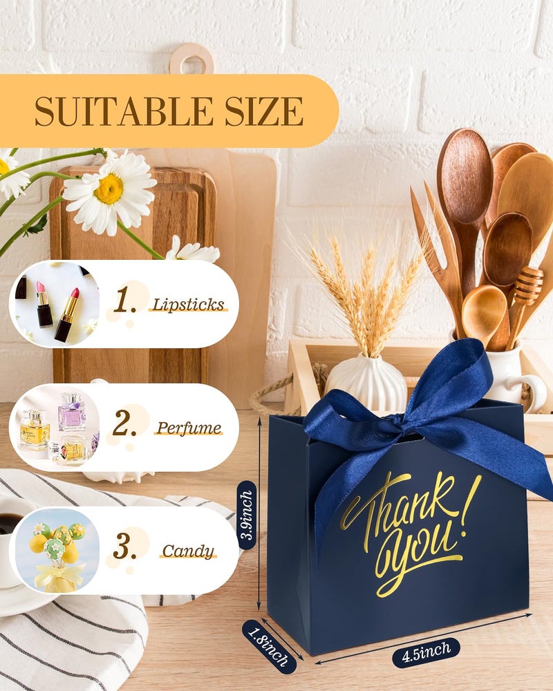 EQOREIIN Small Gift Bags, 25 Pack 4.5x1.8x3.9 Inches Mini Thank You Bags Navy Blue Kraft Paper Gift Bag with Bow Ribbon, Small Candy Bags for Birthday Wedding Baby Shower - Image 3