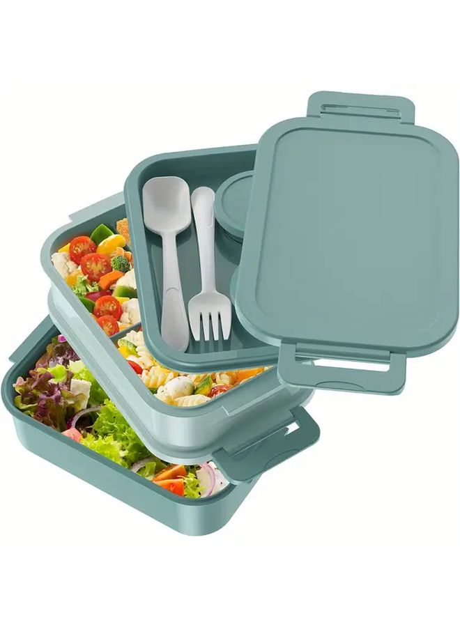 Large 66oz Blue Leakproof Stackable Bento Box With Utensils Microwave Safe For Work - Image 3