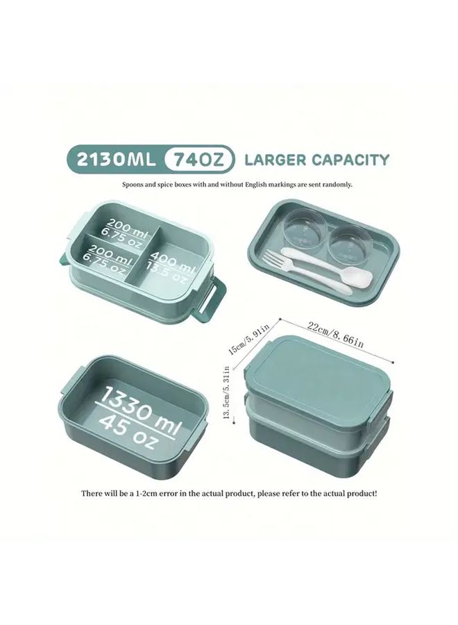Large 66oz Blue Leakproof Stackable Bento Box With Utensils Microwave Safe For Work - Image 2