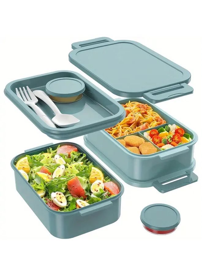 Large 66oz Blue Leakproof Stackable Bento Box With Utensils Microwave Safe For Work - Image 1