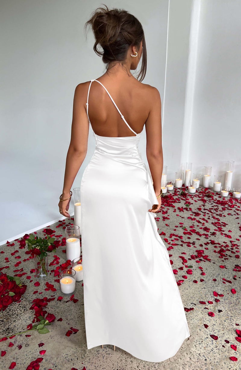 Memoriesea Women's Sexy One Shoulder Satin High Split Cocktail Wedding Party Maxi Dress White - Image 5