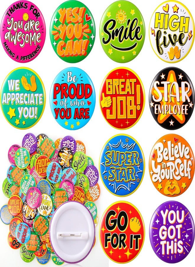 Yinkin 60 Pcs Employee Recognition Pin 1.7'' Appreciation Button Pin Bulk Large Positive Badge Team Motivational Inspirational Reward Badge for Office School Teacher Worker Encouraging Gift,12 Style - Image 1