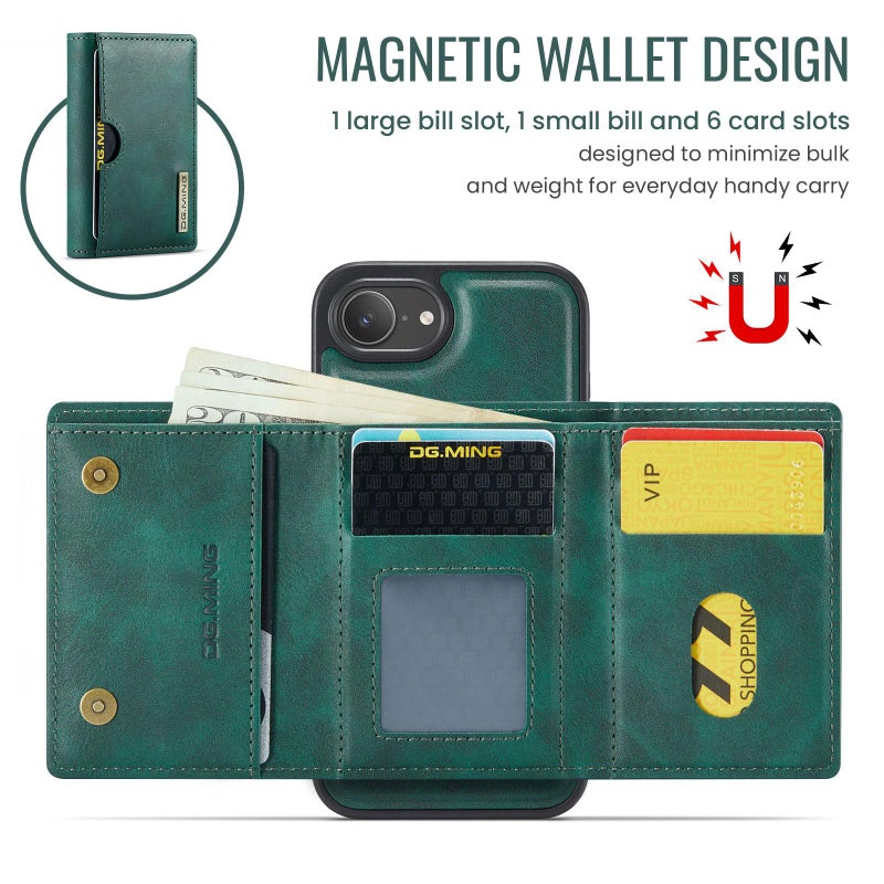 Dg Ming For Iphone 16E M6 Series Rfid Tri-Fold Card Bag Removable Leather Phone Case(Green) - Image 5