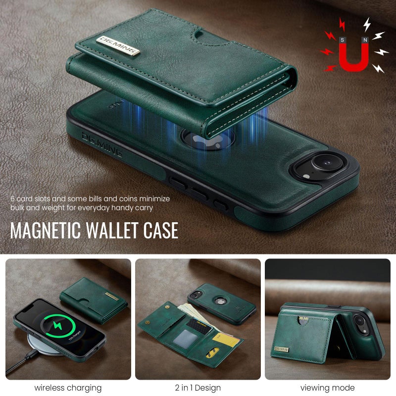 Dg Ming For Iphone 16E M6 Series Rfid Tri-Fold Card Bag Removable Leather Phone Case(Green) - Image 3