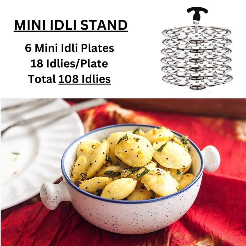 AadiVeer Royal Stainless Steel 6 Mini Idli Plates Mini Idli Stand Mini Idli Maker 108 Idlies With Stand Lifter Silver - Image 2