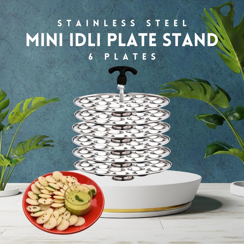 AadiVeer Royal Stainless Steel 6 Mini Idli Plates Mini Idli Stand Mini Idli Maker 108 Idlies With Stand Lifter Silver - Image 5