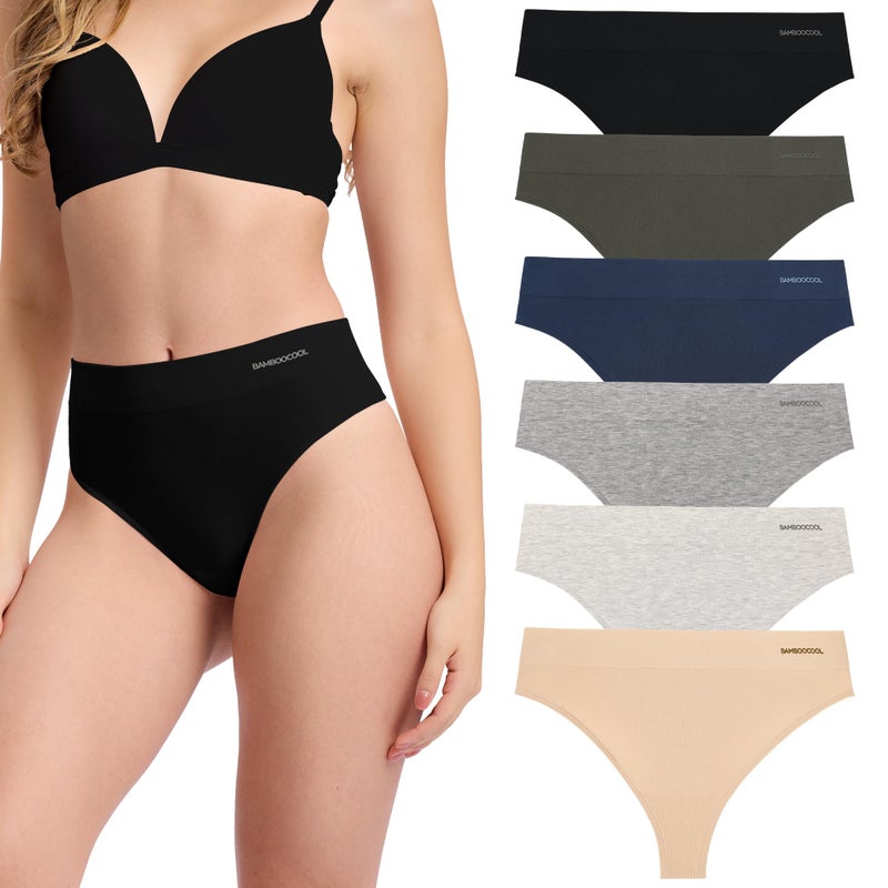 BAMBOO COOL Women's Thongs High Waisted Seamless Moisture-Wicking Breathable Underwear Stretchy Panties Tagless 6 Pack - Image 1