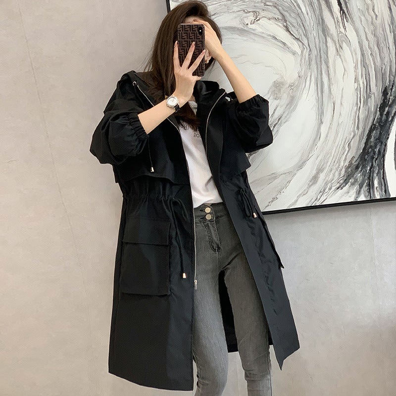 Womens windbreaker long 2023 new small this year popular tooling explosions early spring and autumn thin coat Black 