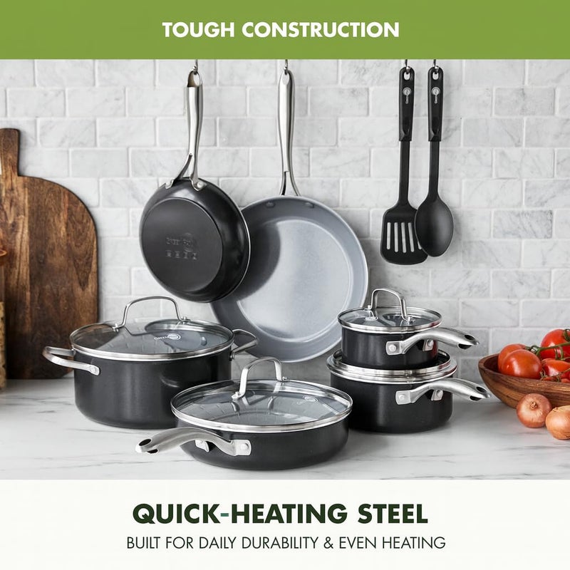 GreenPan 12 Piece Nonstick Swift Cookware Set, Ceramic PFAS-Free Pots & Pans with Lids, Dishwasher & Oven/Broiler Safe to 600F, Kitchen Cooking Set, Sauce, Saute, Stock, Frying Pans, Gray - Image 2