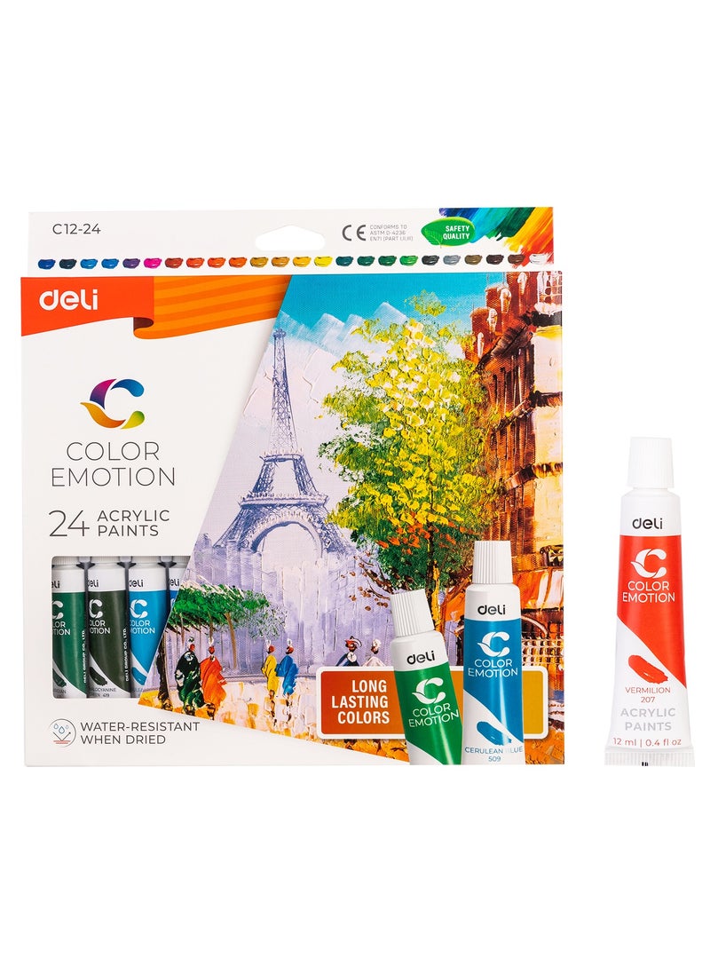 Deli Deli EC12-24 COLOR EMOTION 24-Color Acrylic Paint Set - 12ml Tubes, Rich Pigment & Quick-Drying - Ideal for Canvas, Fabric & Crafts (24PCS/Color Box)  - Image 1