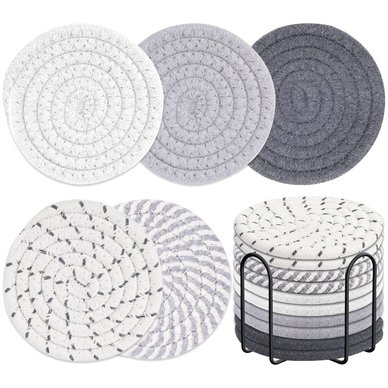 Billbotk 10 Pieces Coasters for Drink Absorbent  5 Colors Drink Coasters with Holder  Woven Coasters Set for Coffee Table  Wooden Table Decor  Home Decor  4.3 Inches - Image 1