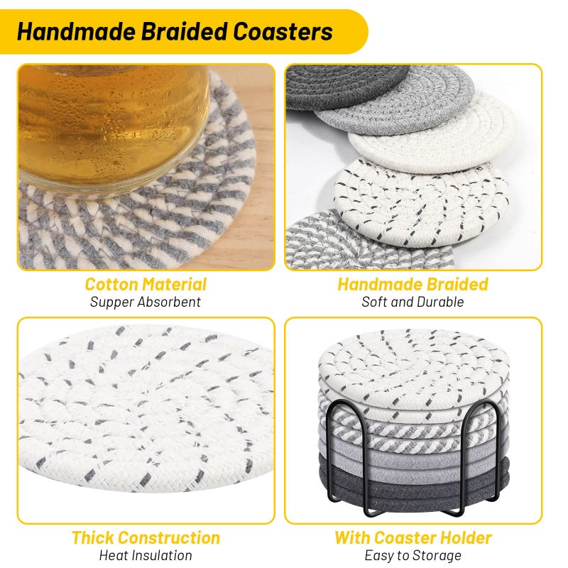 Billbotk 10 Pieces Coasters for Drink Absorbent  5 Colors Drink Coasters with Holder  Woven Coasters Set for Coffee Table  Wooden Table Decor  Home Decor  4.3 Inches - Image 3