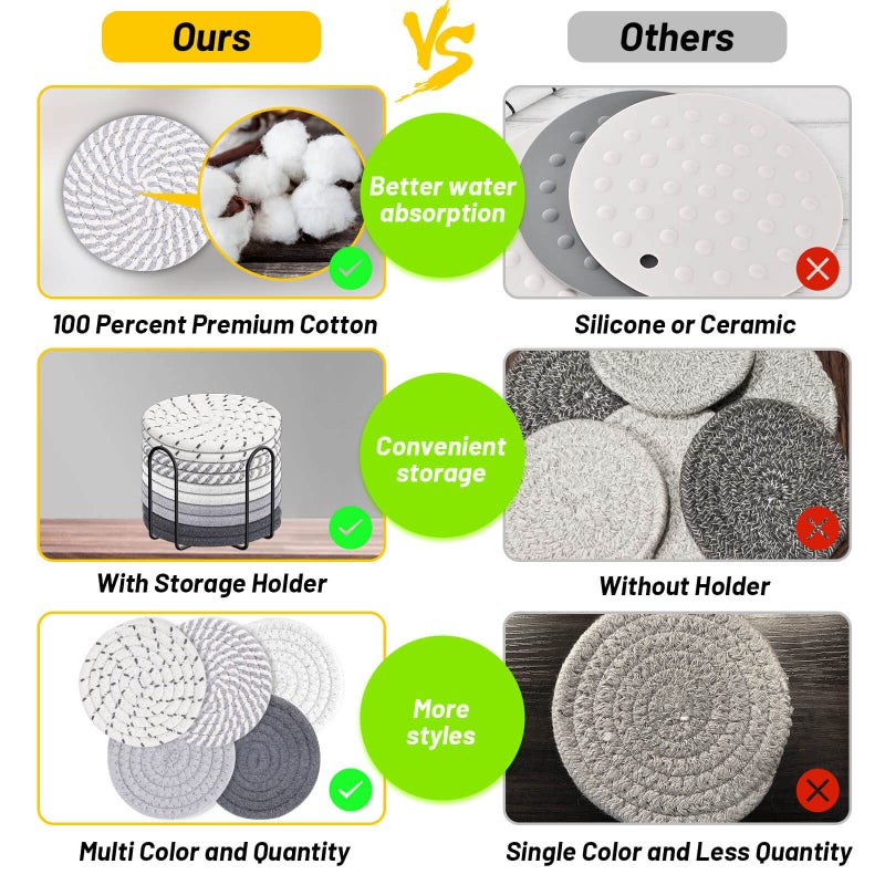 Billbotk 10 Pieces Coasters for Drink Absorbent  5 Colors Drink Coasters with Holder  Woven Coasters Set for Coffee Table  Wooden Table Decor  Home Decor  4.3 Inches - Image 4