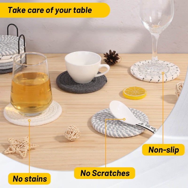 Billbotk 10 Pieces Coasters for Drink Absorbent  5 Colors Drink Coasters with Holder  Woven Coasters Set for Coffee Table  Wooden Table Decor  Home Decor  4.3 Inches - Image 5