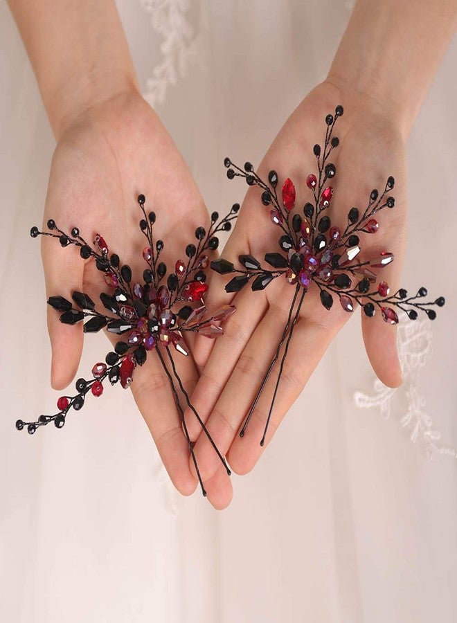 بيريوان طقم دبابيس شعر وأقراط للعروس من بيريوان، بتصميم باروكي، مرصع بأحجار الراين السوداء والحمراء، إكسسوارات شعر زفاف للعروس - Image 4