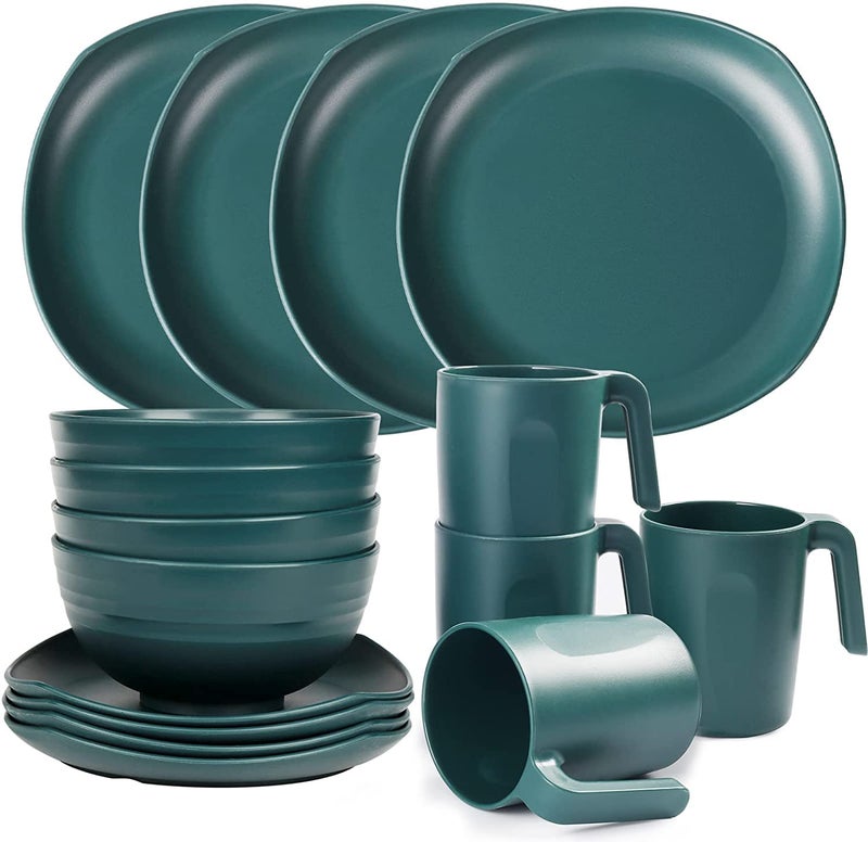 Greentainer Unbreakable Plastic Dinnerware Sets 16 pcs Lightweight Camping Tableware Set Microwave  Dishwasher Safe Plates Set Bowls Cups Mugs Service for 4 Great for Kids  Adults  Green